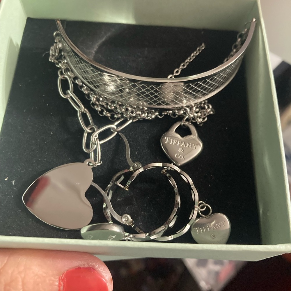 Silver Heart Charm Necklace bracelet and earrings